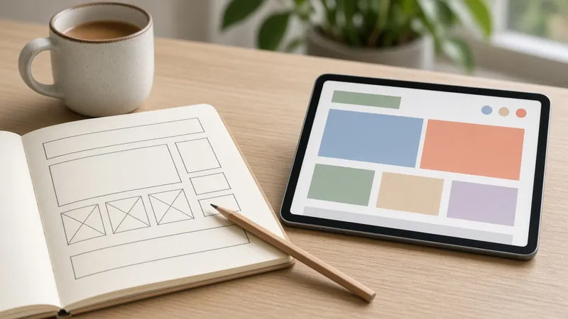 Notebook with a website wireframe sketch beside a tablet on a wooden desk